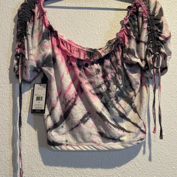 Volcom Women's MEDIUM Crop Top Pink Black White Tiedoll Wave Tie Dye - Picture 5 of 6